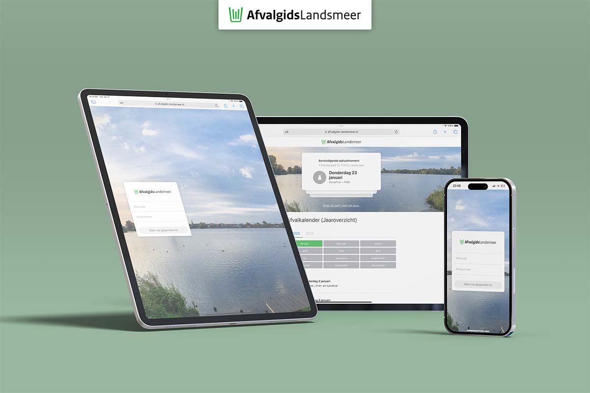 afvalgids-landsmeer.nl shown across Apple devices